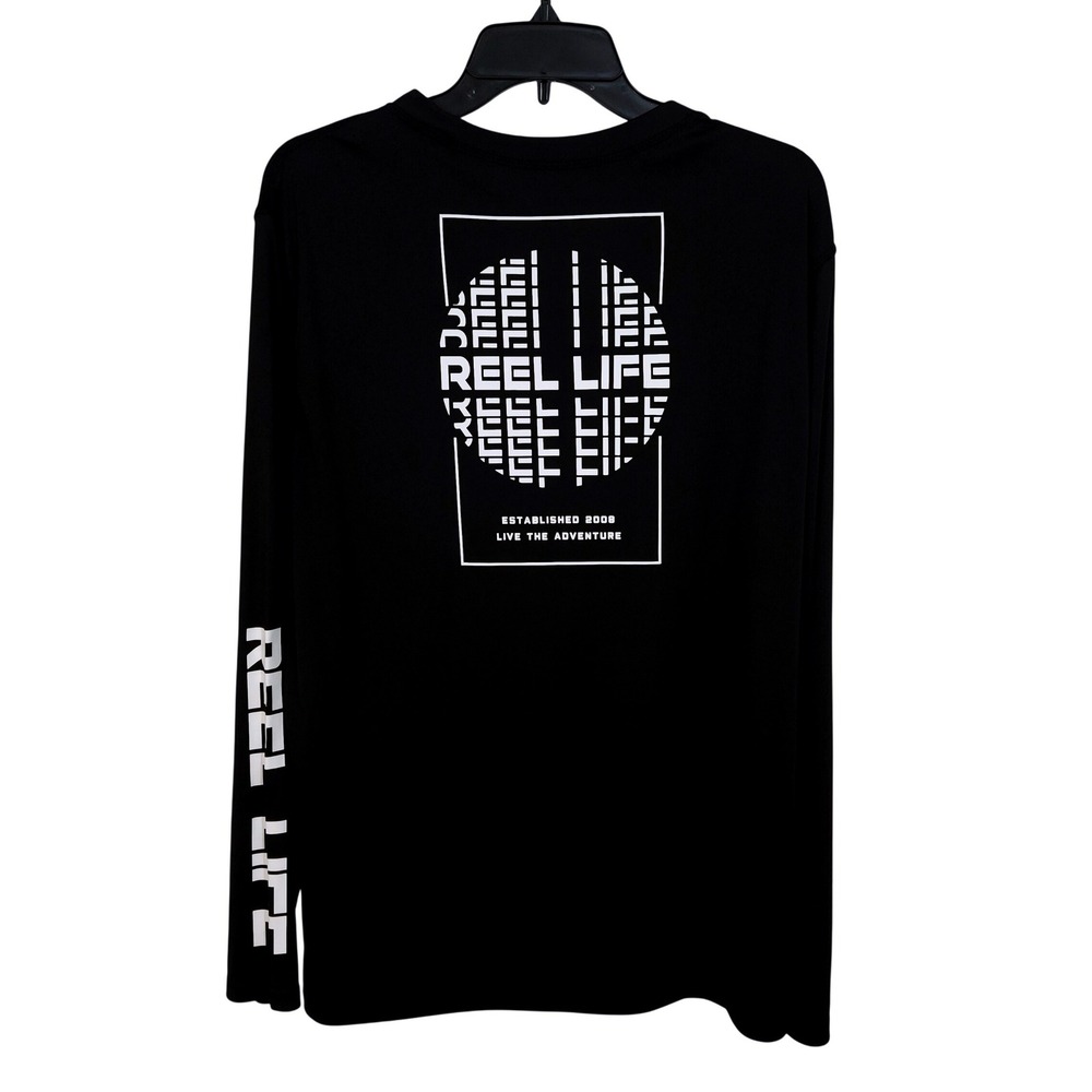 Reel Life Long Sleeve Performance Fishing Shirt Mens Large Black White Graphic